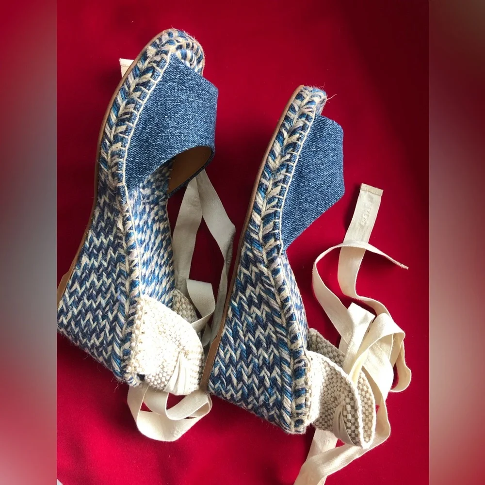 Chloe Blue Denim Espadrille Wedge Sandals with Cream Ankle Ties